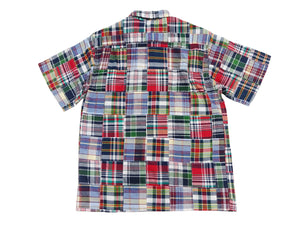 Sugar Cane Men's Madras Plaid Patchwork Open-Collar Camp Shirt - Short Sleeve - One Wash - Made in Japan (SC39739 165 Red)