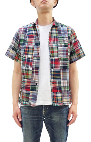 Sugar Cane Men's Madras Plaid Patchwork Open-Collar Camp Shirt - Short Sleeve - One Wash - Made in Japan (SC39739 165 Red)