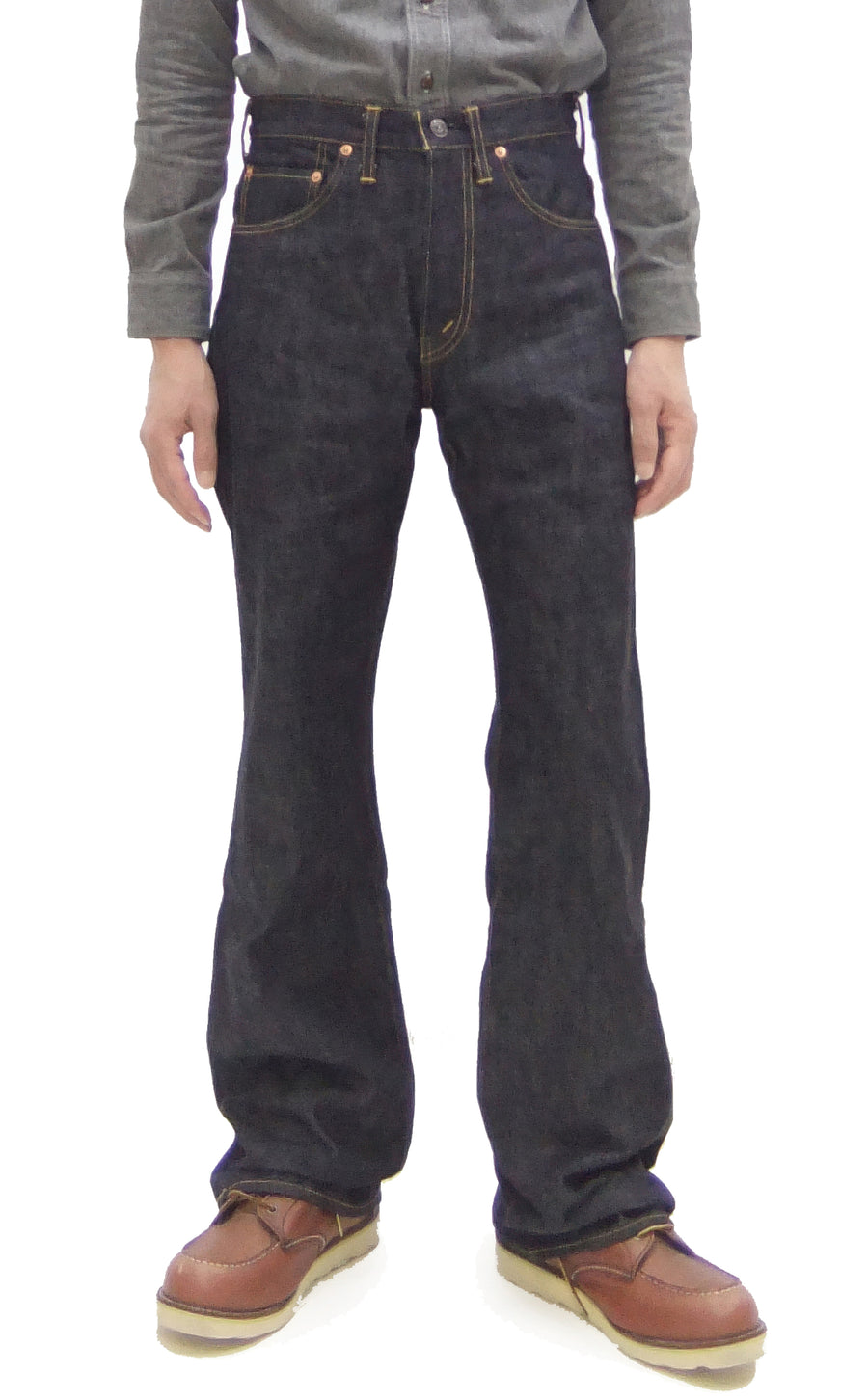 Sugar Cane Men's 14oz Denim Boot-Cut Jeans - Mid-Rise, Zip Fly, 1971-Spec Fabric x 1979-Style Silhouette - Made in Japan (SC42321 Indigo One Wash)