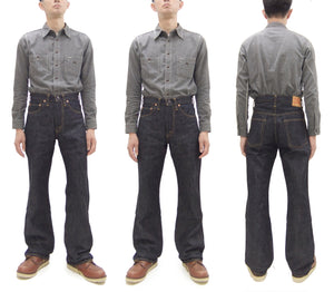 Sugar Cane Men's 14oz Denim Boot-Cut Jeans - Mid-Rise, Zip Fly, 1971-Spec Fabric x 1979-Style Silhouette - Made in Japan (SC42321 Indigo One Wash)