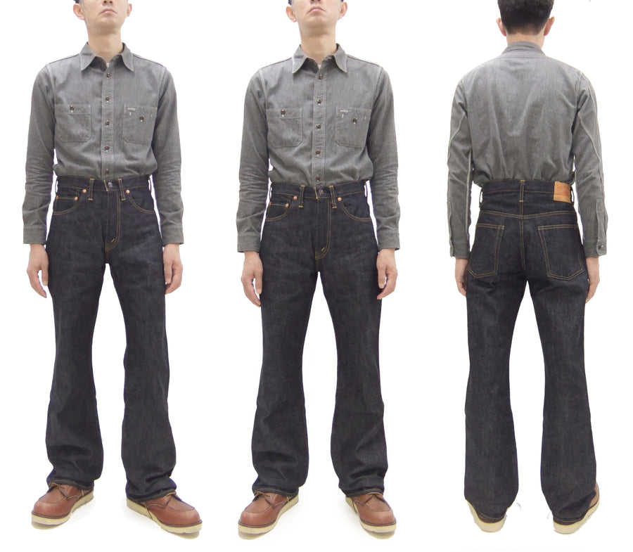 Sugar Cane Men's 14oz Denim Boot-Cut Jeans - Mid-Rise, Zip Fly, 1971-Spec Fabric x 1979-Style Silhouette - Made in Japan (SC42321 Indigo One Wash)