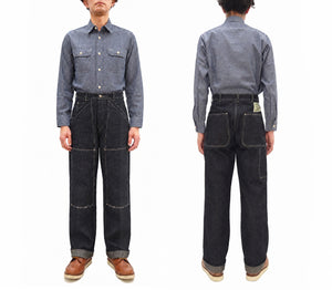 Sugar Cane Men's Vintage-Inspired Double-Front Work Pants, 10.5 oz. Cotton and Sugarcane Fiber Denim, High-Rise Relaxed Straight Fit, Button Fly, One-Wash, Made in Japan (SC42666, 421A Dark Indigo)