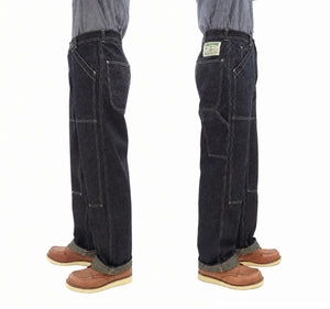 Sugar Cane Men's Vintage-Inspired Double-Front Work Pants, 10.5 oz. Cotton and Sugarcane Fiber Denim, High-Rise Relaxed Straight Fit, Button Fly, One-Wash, Made in Japan (SC42666, 421A Dark Indigo)