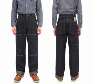 Sugar Cane Men's Vintage-Inspired Double-Front Work Pants, 10.5 oz. Cotton and Sugarcane Fiber Denim, High-Rise Relaxed Straight Fit, Button Fly, One-Wash, Made in Japan (SC42666, 421A Dark Indigo)