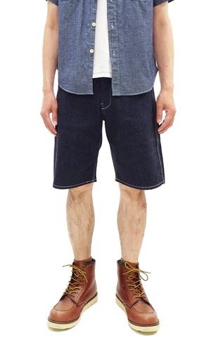 Sugar Cane Men's 11oz Blue Denim Work Shorts - High-Rise Relaxed Straight Fit Knee-Length Button-Fly Shorts - Made in Japan (SC52565 421A One-Wash)