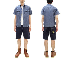 Sugar Cane Men's 11oz Blue Denim Work Shorts - High-Rise Relaxed Straight Fit Knee-Length Button-Fly Shorts - Made in Japan (SC52565 421A One-Wash)