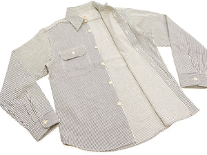 Sugar Cane Men's Hickory Stripe Work Shirt, Heavyweight Cotton Long-Sleeve Button-Up Shirt, Made in Japan (SC27853 105 Off-White)
