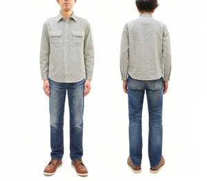 Sugar Cane Men's Hickory Stripe Work Shirt, Heavyweight Cotton Long-Sleeve Button-Up Shirt, Made in Japan (SC27853 105 Off-White)