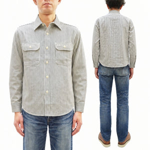 Sugar Cane Men's Hickory Stripe Work Shirt, Heavyweight Cotton Long-Sleeve Button-Up Shirt, Made in Japan (SC27853 105 Off-White)