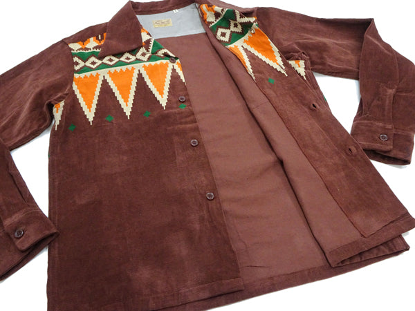 Style Eyes Corduroy Sport Shirt Men's 1950s Style Long Sleeve Button Up Shirt GUATEMALA Pattern SE29384 138 Brown