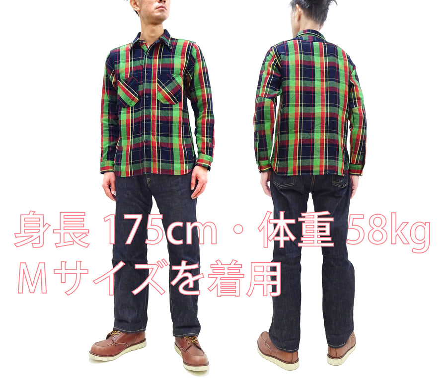 Samurai Jeans Indigo Plaid Flannel Shirt Men's Heavyweight Long Sleeve Button Up Work Shirt SIN23-01 Indigo/Green Plaid