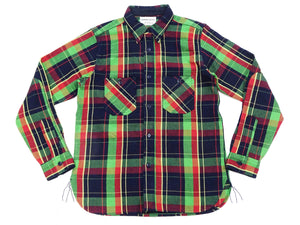 Samurai Jeans Indigo Plaid Flannel Shirt Men's Heavyweight Long Sleeve Button Up Work Shirt SIN23-01 Indigo/Green Plaid