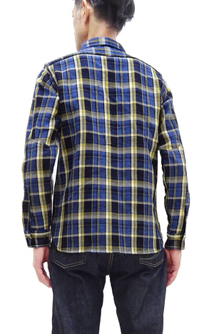 Samurai Jeans Indigo Plaid Flannel Shirt Men's Heavyweight Long Sleeve Button Up Work Shirt SIN23-01 Indigo/Blue Plaid