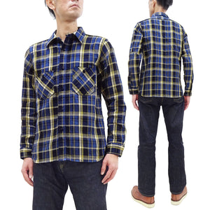 Samurai Jeans Indigo Plaid Flannel Shirt Men's Heavyweight Long Sleeve Button Up Work Shirt SIN23-01 Indigo/Blue Plaid
