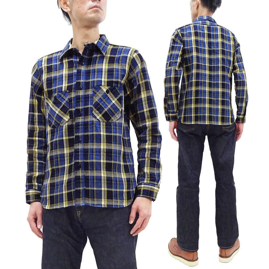Samurai Jeans Indigo Plaid Flannel Shirt Men's Heavyweight Long Sleeve Button Up Work Shirt SIN23-01 Indigo/Blue Plaid