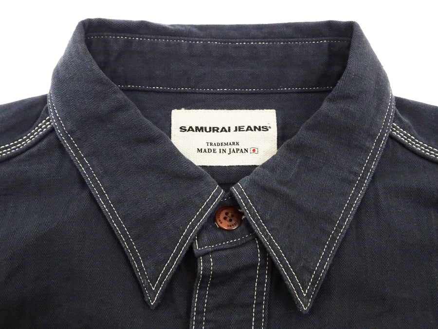 Samurai Jeans Herringbone Shirt Men's Long Sleeve Sulfur-Dyed Selvage HBT Button Up Work Shirt SJCBS24-HB Blackish-Navy-Blue