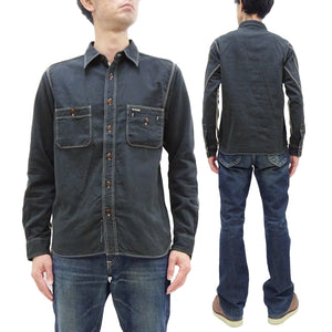 Samurai Jeans Herringbone Shirt Men's Long Sleeve Sulfur-Dyed Selvage HBT Button Up Work Shirt SJCBS24-HB Blackish-Navy-Blue