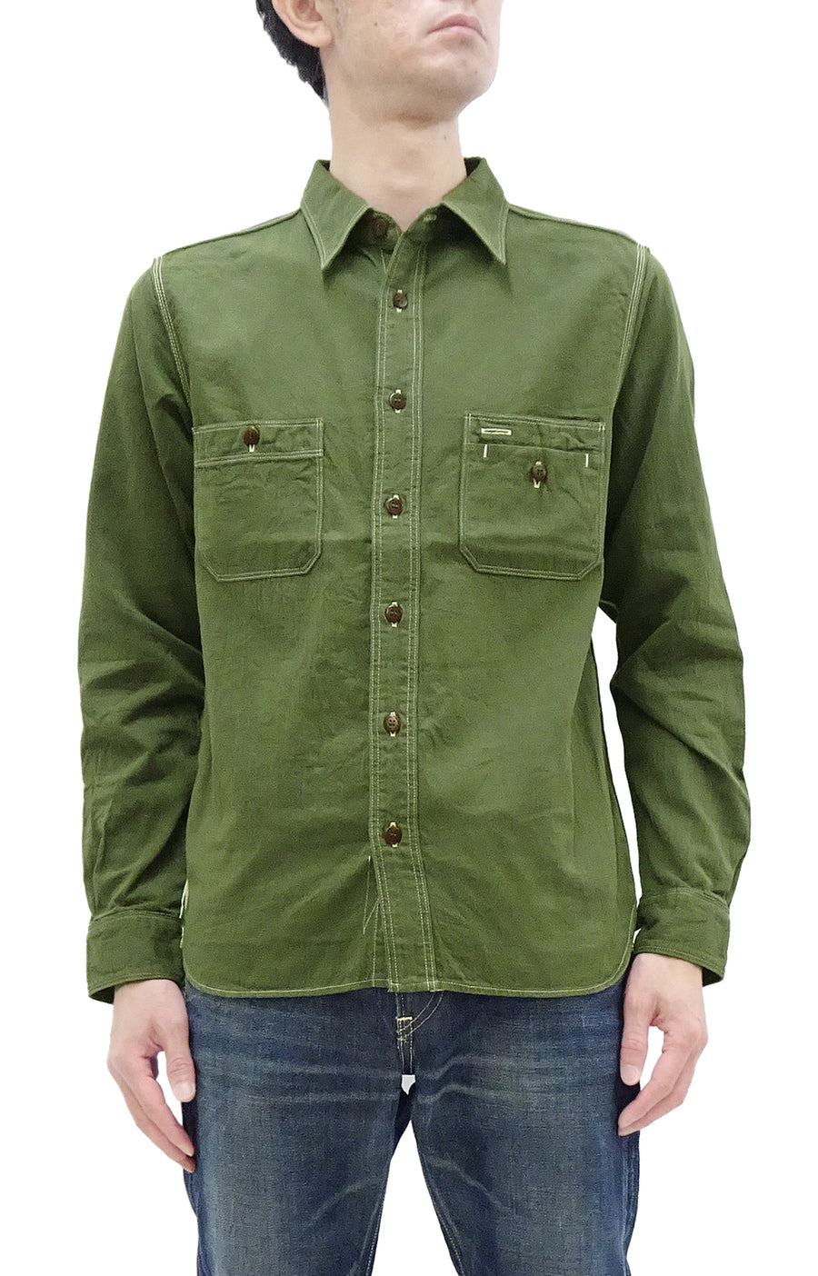 Samurai Jeans Herringbone Shirt Men's Long Sleeve Sulfur-Dyed Selvage HBT Button Up Work Shirt SJCBS24-HB Olive