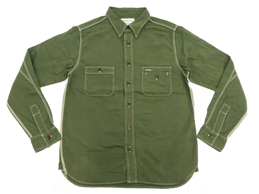 Samurai Jeans Herringbone Shirt Men's Long Sleeve Sulfur-Dyed Selvage HBT Button Up Work Shirt SJCBS24-HB Olive