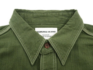 Samurai Jeans Herringbone Shirt Men's Long Sleeve Sulfur-Dyed Selvage HBT Button Up Work Shirt SJCBS24-HB Olive