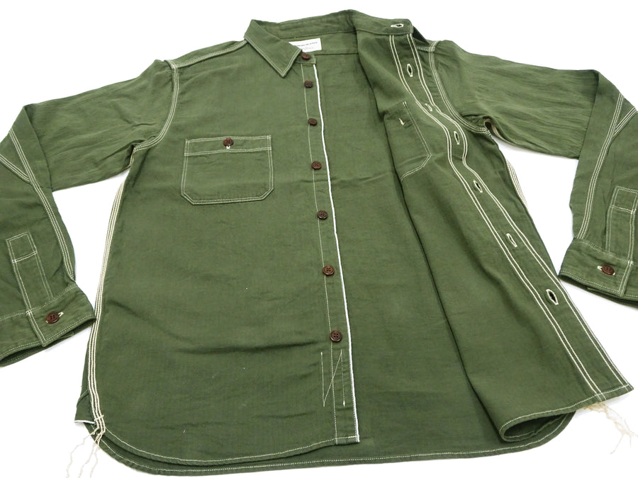 Samurai Jeans Herringbone Shirt Men's Long Sleeve Sulfur-Dyed Selvage HBT Button Up Work Shirt SJCBS24-HB Olive