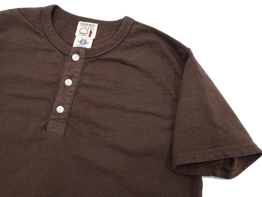 Samurai Jeans Plain Henly T-shirt Men's Super Heavy Short Sleeve Natural Japanese Cotton Slub Tee SJST-SC02 Dark Chestnut Color