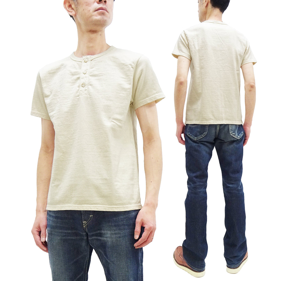 Samurai Jeans Plain Henly T-shirt Men's Super Heavy Short Sleeve Natural Japanese Cotton Slub Tee SJST-SC02 Natural Ecru-Undyed Color