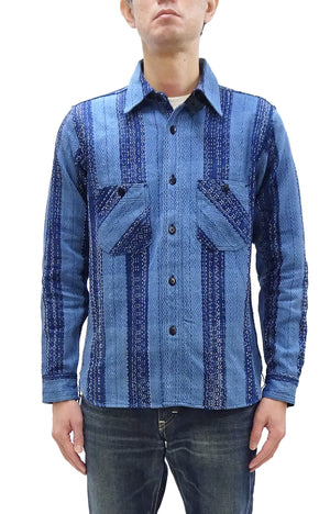 Samurai Jeans Indigo Sashiko Shirt Men's Casual Indigo Plaid with Sashiko Stitch Long Sleeve Work Shirt SKN24-01