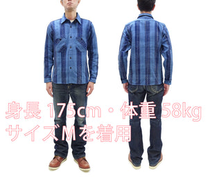 Samurai Jeans Indigo Sashiko Shirt Men's Casual Indigo Plaid with Sashiko Stitch Long Sleeve Work Shirt SKN24-01