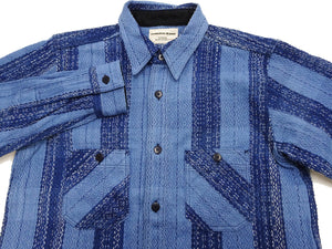 Samurai Jeans Indigo Sashiko Shirt Men's Casual Indigo Plaid with Sashiko Stitch Long Sleeve Work Shirt SKN24-01