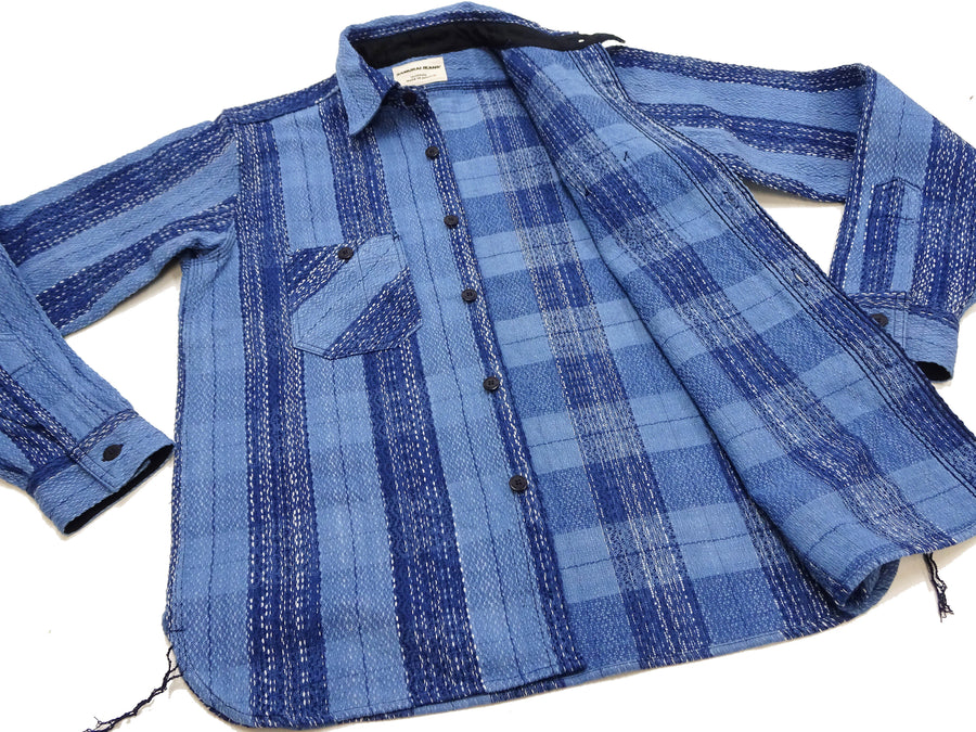 Samurai Jeans Indigo Sashiko Shirt Men's Casual Indigo Plaid with Sashiko Stitch Long Sleeve Work Shirt SKN24-01