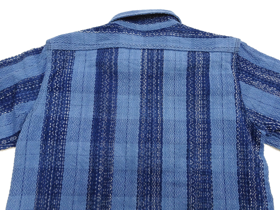 Samurai Jeans Indigo Sashiko Shirt Men's Casual Indigo Plaid with Sashiko Stitch Long Sleeve Work Shirt SKN24-01