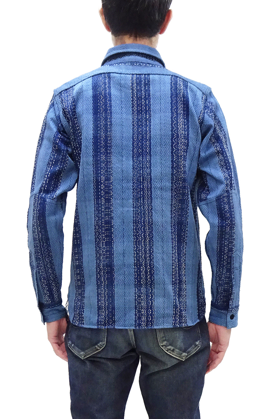 Samurai Jeans Indigo Sashiko Shirt Men's Casual Indigo Plaid with Sashiko Stitch Long Sleeve Work Shirt SKN24-01