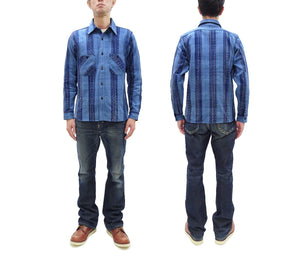 Samurai Jeans Indigo Sashiko Shirt Men's Casual Indigo Plaid with Sashiko Stitch Long Sleeve Work Shirt SKN24-01