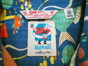 Sun Surf Men's Cotton Hawaiian Shirt - Uncle Torys Graphic Design - Short-Sleeve Aloha Shirt "Ocean Activities" SS39538 128 Navy-Blue