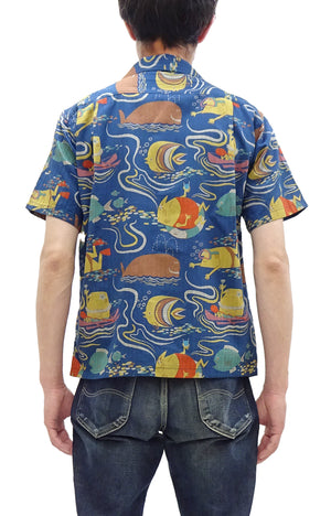 Sun Surf Men's Cotton Hawaiian Shirt - Uncle Torys Graphic Design - Short-Sleeve Aloha Shirt "Ocean Activities" SS39538 128 Navy-Blue