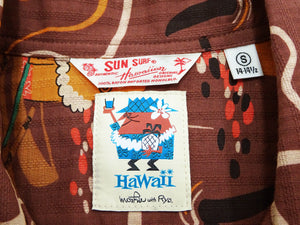 Sun Surf Men's Cotton Hawaiian Shirt - Uncle Torys Graphic Design - Short-Sleeve Aloha Shirt "Ocean Activities" SS39538 138 Brown