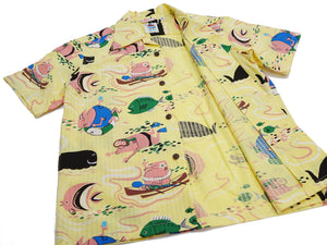 Sun Surf Men's Cotton Hawaiian Shirt - Uncle Torys Graphic Design - Short-Sleeve Aloha Shirt "Ocean Activities" SS39538 155 Yellow