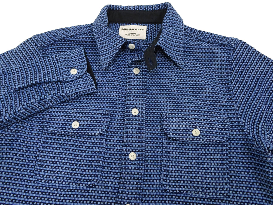Samurai Jeans Indigo Dobby Shirt Men's Heavyweight Oxford Long Sleeve Button Up Work Shirt SSS24-01