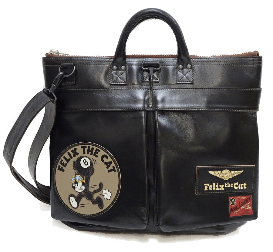 TOYS McCOY Men's Felix the Cat Leather Shoulder Bag - Black Horsehide, U.S. Air Force Helmet Bag Inspired, Made in Japan (TMA2523 031 Black)