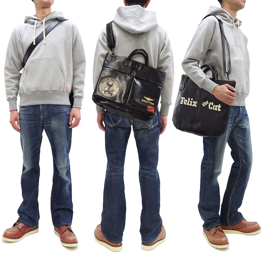 TOYS McCOY Men's Felix the Cat Leather Shoulder Bag - Black Horsehide, U.S. Air Force Helmet Bag Inspired, Made in Japan (TMA2523 031 Black)