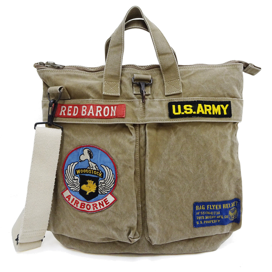 TOYS McCOY Men's Canvas Shoulder Bag - Snoopy U.S. Army Airborne Patch - MIL-B-43290 Flight Helmet Bag Inspired - Made in Japan (TMA2524 041 Khaki)