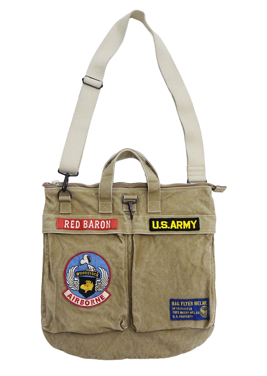 TOYS McCOY Men's Canvas Shoulder Bag - Snoopy U.S. Army Airborne Patch - MIL-B-43290 Flight Helmet Bag Inspired - Made in Japan (TMA2524 041 Khaki)