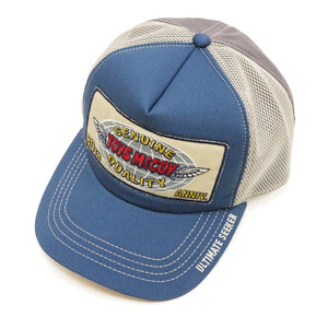 TOYS McCOY Men's Snapback Trucker Cap, Side Mesh Panels, 30th Anniv. Patch, Made in Japan (TMA2602 Blue/Gray)