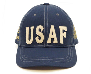 TOYS McCOY Men’s Chenille Patch USAF Graphic Cap, Non-Mesh Herringbone Twill Baseball Cap with Leather Strapback, Made in Japan (TMA2603 120 Blue)