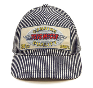 TOYS McCOY Men's Hickory Stripe Baseball Cap, 30th Anniversary Embroidered Front Patch, Classic 6-Panel, Pre-Curved Brim, Leather Strap Back, No Mesh (TMA2619)