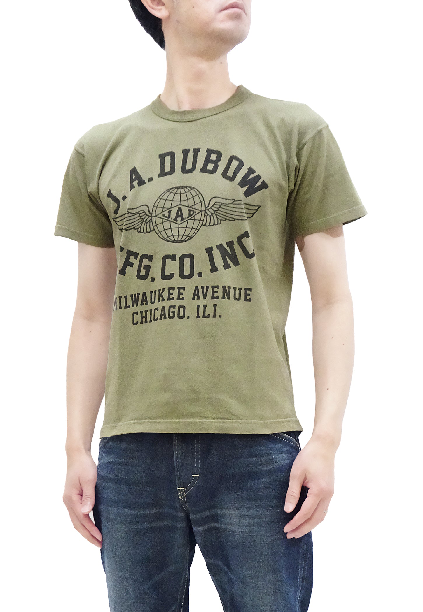 TOYS McCOY T-Shirt Men's J.A. Dubow Mfg Co. Logo Military Graphic  Garment-Dyed Heavyweight Short Sleeve Loopwheel Tee TMC2346 160 Faded-Olive