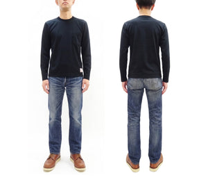 TOYS McCOY Men's Plain Long-Sleeve Crew Neck Pocket T-Shirt, 100% Cotton Tubular-Knit Jersey, Binder Neck, Unwashed, Made in Japan (TMC2543 030 Black)