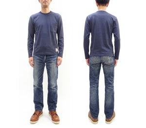 TOYS McCOY Men's Plain Long-Sleeve Crew Neck Pocket T-Shirt, 100% Cotton Tubular-Knit Jersey, Binder Neck, Unwashed, Made in Japan (TMC2543 121 Faded Blue)