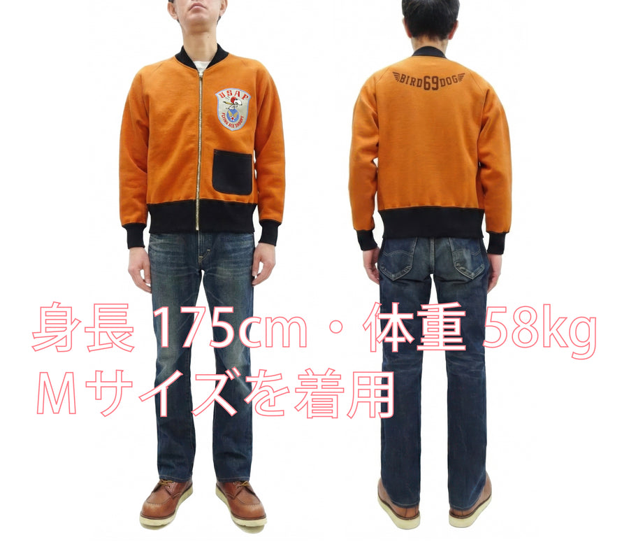 TOYS McCOY Men's Flying Ace Snoopy Zip-Up Sweatshirt - USAF C-2 Inspired, No Hood, Heavyweight 100% Cotton Loopwheel Fleece, Two-Tone Contrast Panel Design - Made in Japan (TMC2551 070  orange and black)